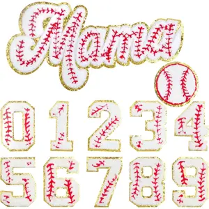 10pcs Number Iron on Patches Decorative 0-9 Numbers Chenille Repair Patch Embroidered Applique, 1pcs Baseball Style Patch and 1pcs Letter "Mama" Patch, for Clothing Hat Shirt Bag Jacket Jeans