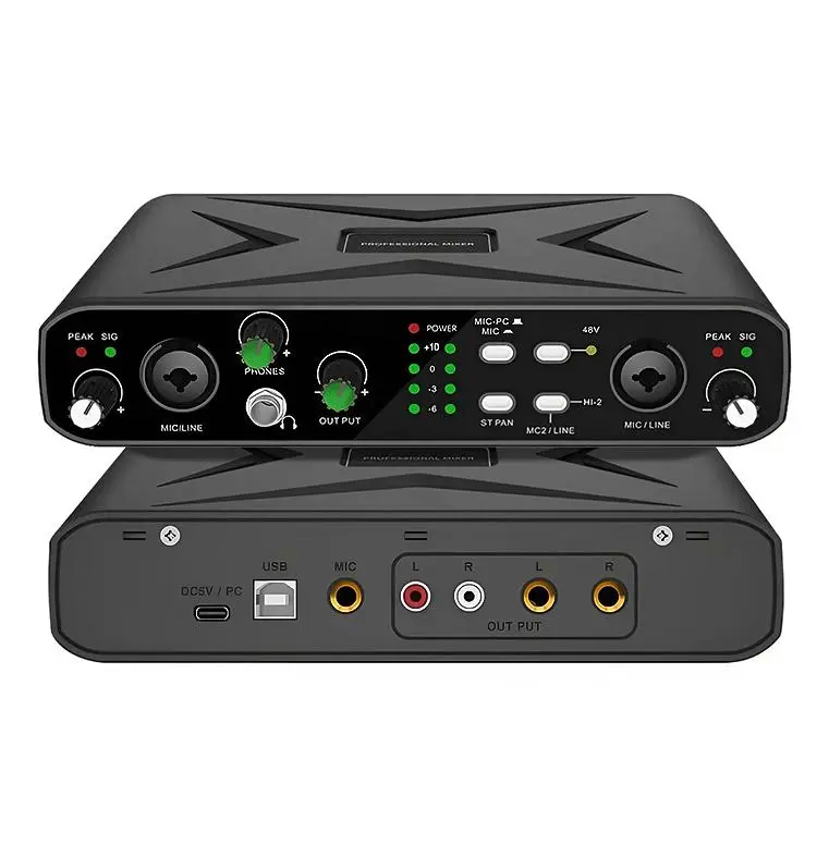 Kaschun Compact and Portable 2-Channel USB Audio Interface - 48V Phantom Power, External Sound Card, Sound Converter, 2 High-Quality Mic/Instrument Inputs, 6.35mm Cables for Streamers, Creators, Recording, Podcasting