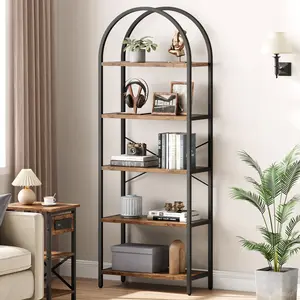 Arched Bookshelf 5 Tier Tall Bookcase Modern Standing Bookshelves Metal Storage Rack Shelf Wood Book Shelf for Bedroom, Living Room, Home Office