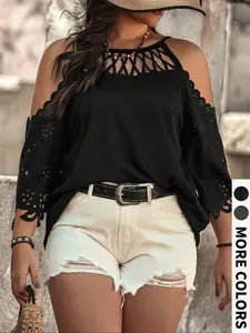 Plus Size Women's Hollow Out Halter Top, Loose Fit Burnout Shoulder Shirt, Casual Vacation T-Shirt, Summer Wear, Beach Holiday, Daily Commute