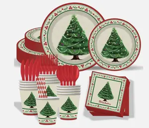 400 Pc Disposable Christmas Party Set for 50 Guests Red Green Retro Plates Cups with Heavyweight Dinner Dessert Plates 9-Ounce Cups Cutlery Napkins Straws