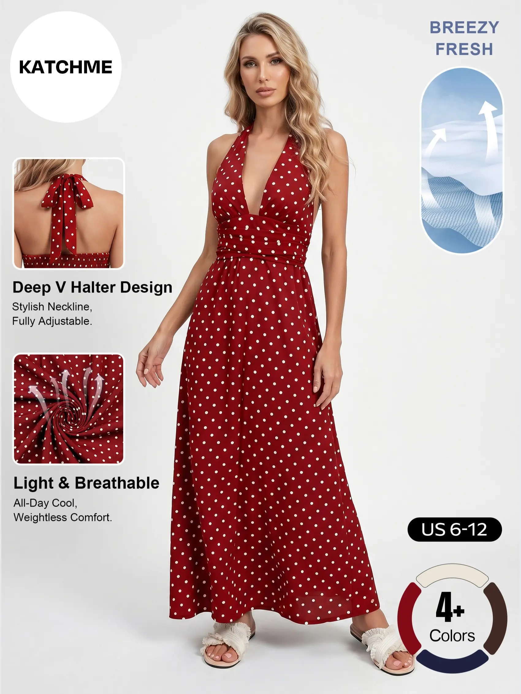 Katch Me Chic Women's Vibrant Polka Dot Deep V Neckline Adjustable Halter Dress, Summer Skin-Friendly Cinched Waist Maxi Dress, Breathable Non-Shrinking Beach Vacation Outfit