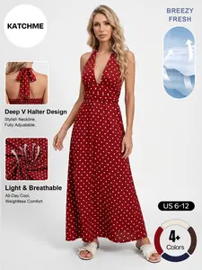 Katch Me Chic Women's Vibrant Polka Dot Deep V Neckline Adjustable Halter Dress, Summer Skin-Friendly Cinched Waist Maxi Dress, Breathable Non-Shrinking Beach Vacation Outfit
