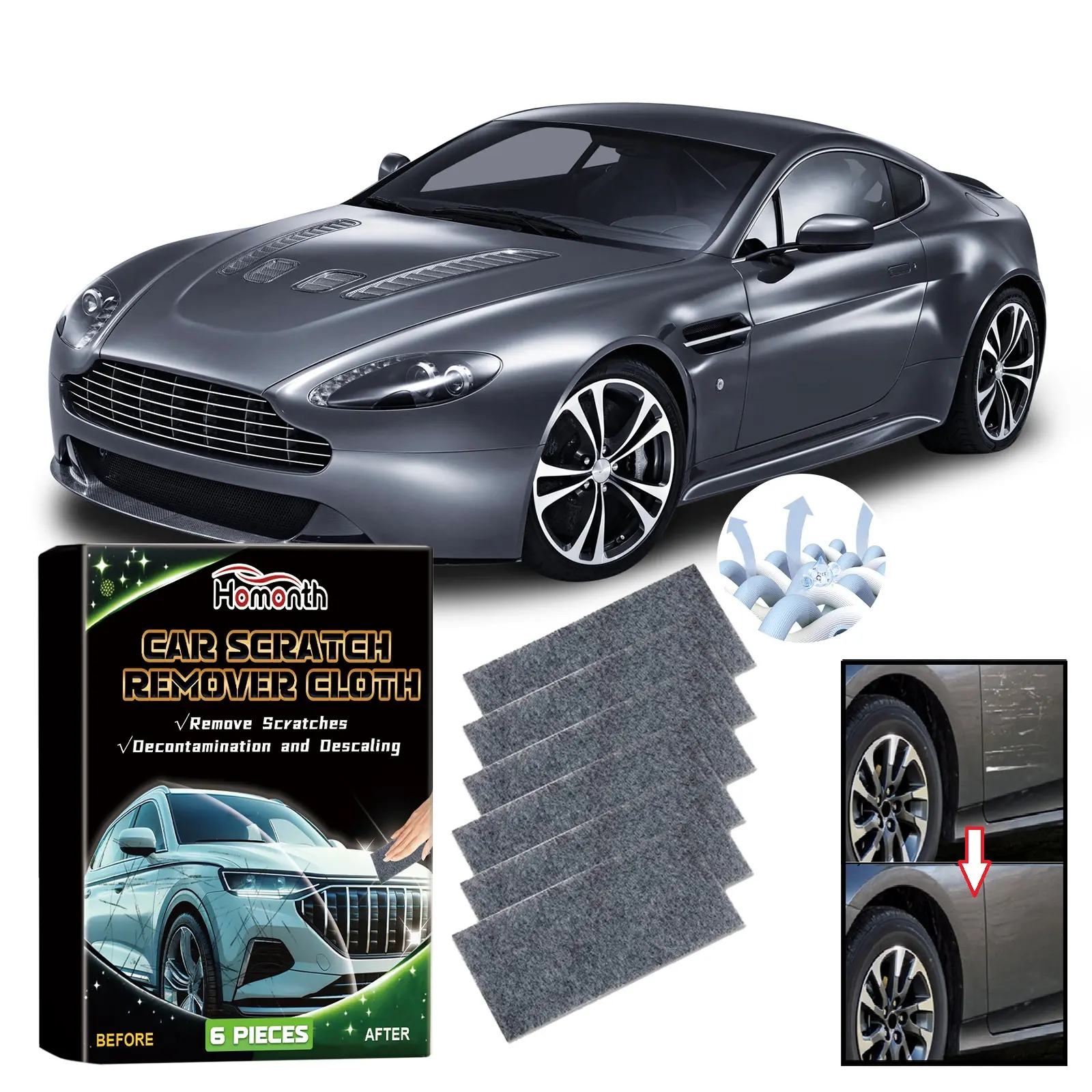 Homonth Nano Scratch Removal Cloths - 6 Pack Instant Paint Repair Kit for Light Scratches & Swirl Marks No Polish Needed DIY Car Scratch Remover for Quick Shine Restoration
