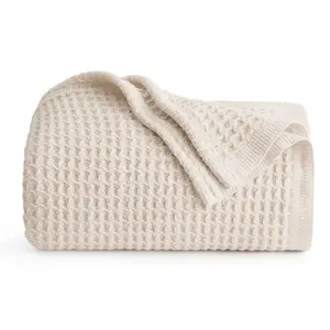 Bedsure Waffle Weave 100% Cotton Blanket Twin Extra Long 66x90 Light Beige Soft Breathable All Season Bed Blanket