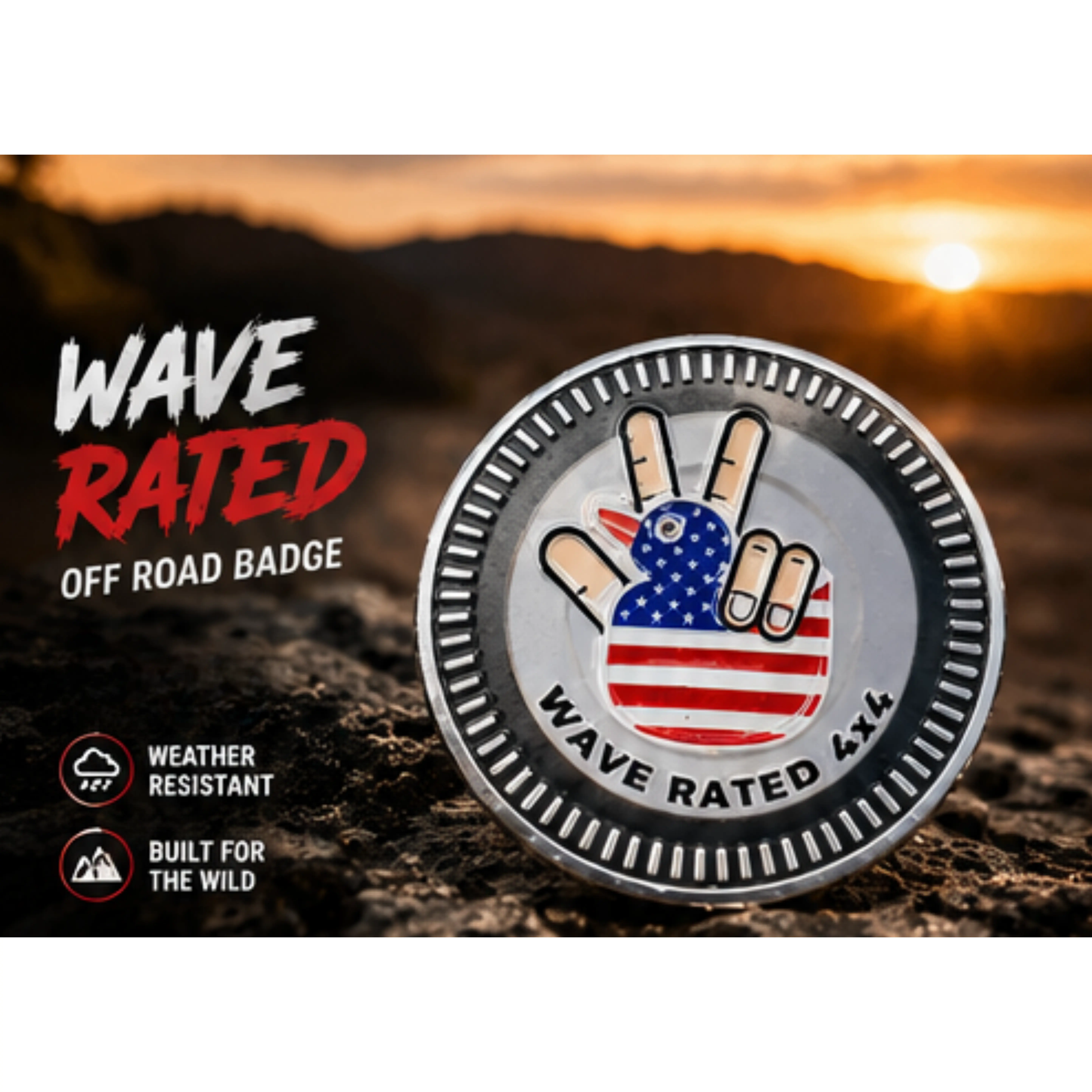 Wave Rated 4x4 Off Road Badge | Patriotic Jeep Badge for Beach Lovers & Adventure Enthusiasts