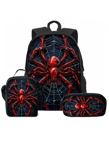 Red spider pattern printed with front bag backpack three-piece set (front bag backpack + lunch bag + pencil bag)