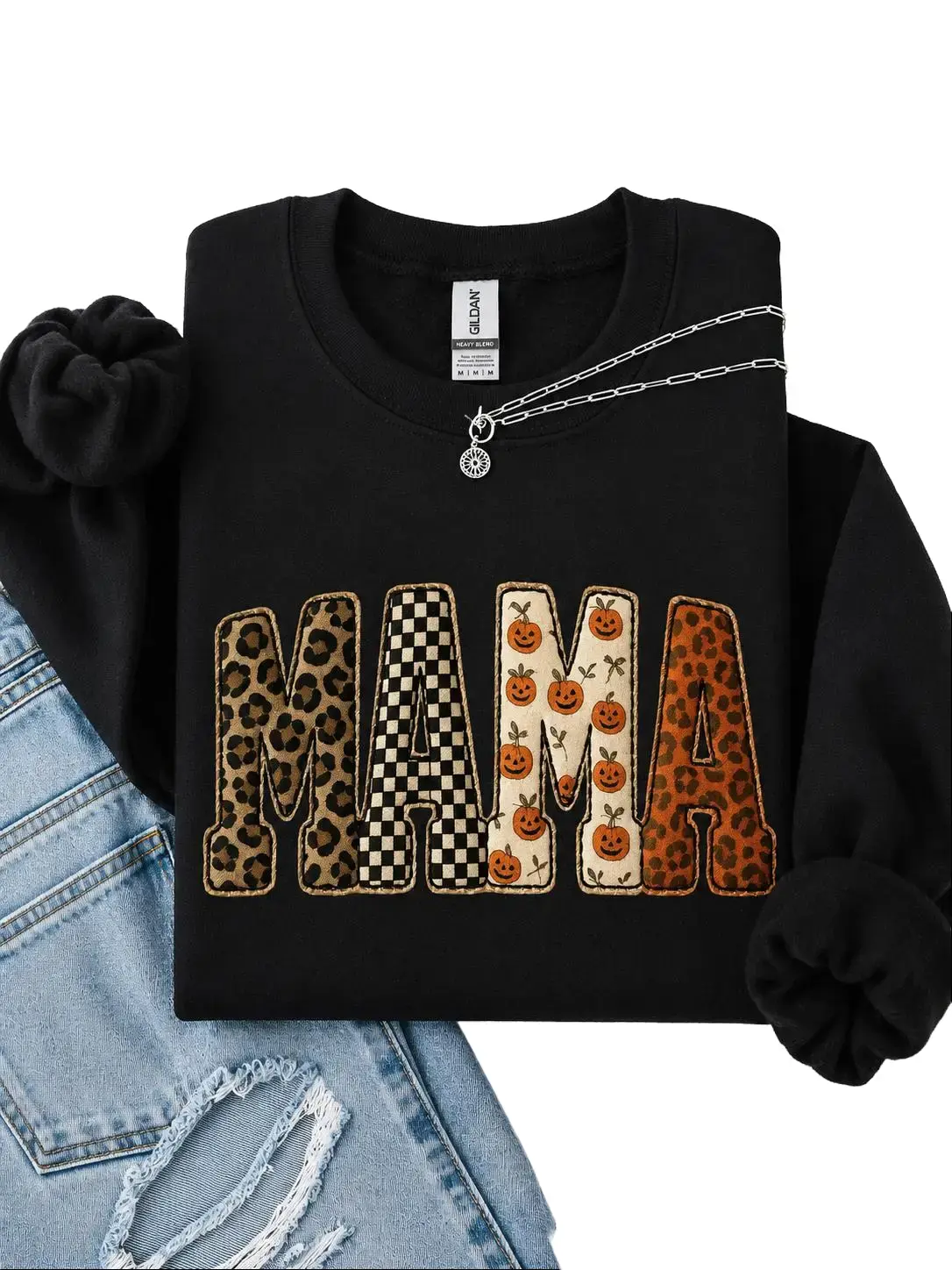 Mama, Halloween Pattern, Leopard Print, Checkered, Pumpkin Sweatshirt, Spooky, Witch, Pumpkin, Halloween, Crew Neck, Women's, Crewneck