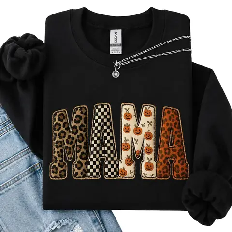 ( FAUX PATCHWORK-PRINT ) Mama, Halloween Pattern, Leopard Print, Checkered, Pumpkin Sweatshirt, Spooky, Witch, Pumpkin, Halloween, Crew Neck, Women's, Crewneck
