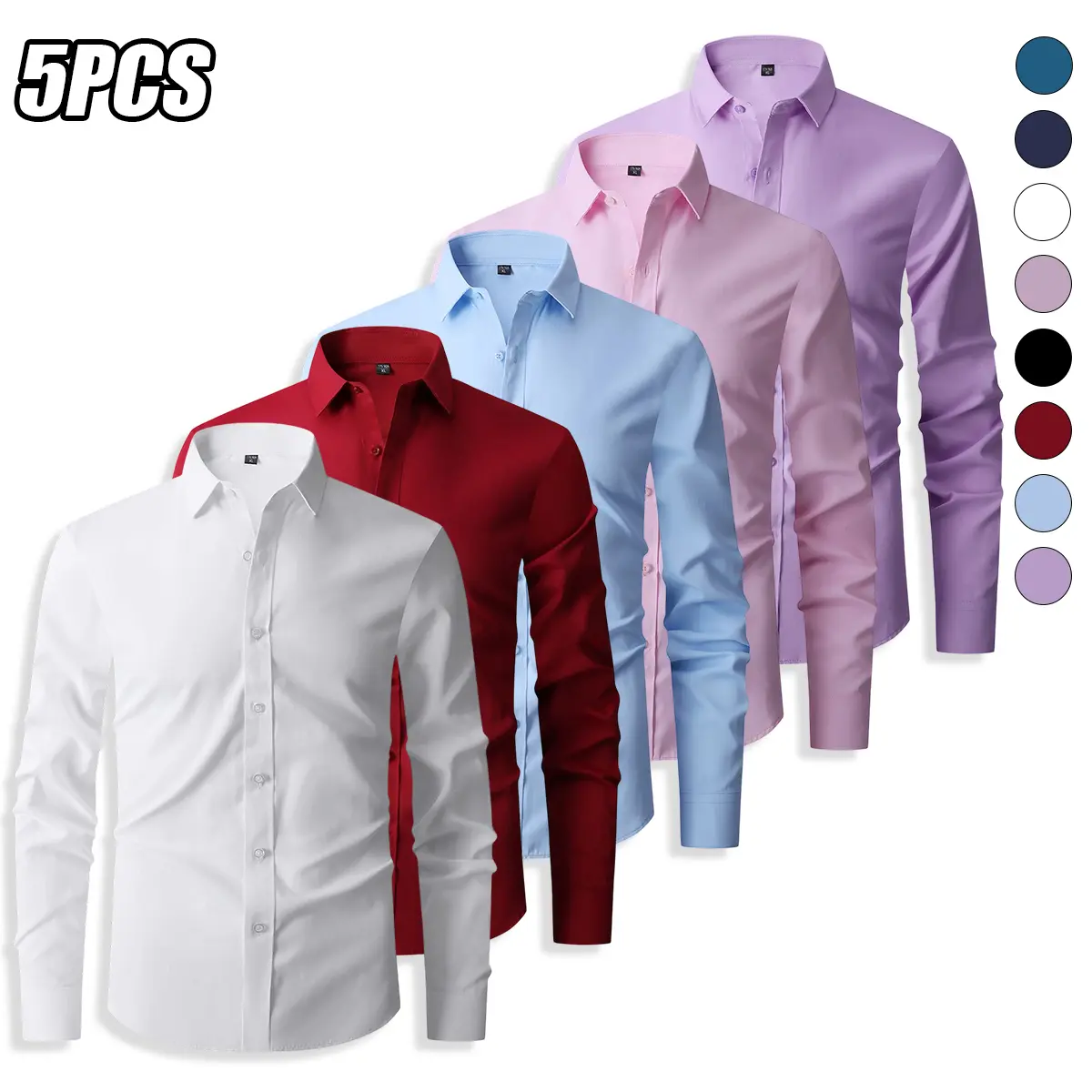 Set of 5 men’s long-sleeve shirts—elegant business-casual solid-color shirts with a classic collar design and regular fit. Suitable for office and everyday wear. Classic design that remains timeless; men’s dress shirts.