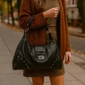 Giana Retro Y2K Hobo Medium Half Moon Shoulder Bag with Stud Detailing - Black Synthetic Fashion Accessory for Work & Casual Outings
