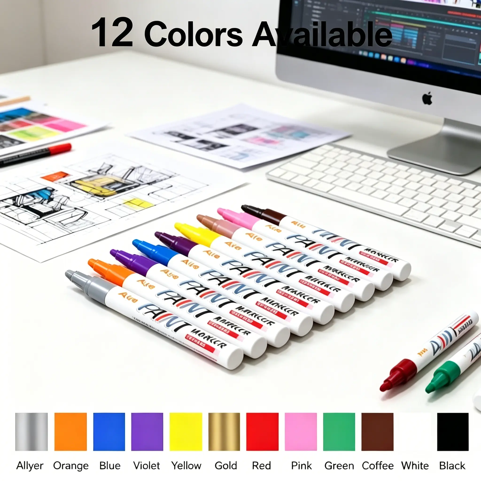 12-Color Tire Paint Pen, Permanent Oil-Based Marker- Quick Drying Waterproof Long Lasting Colorfast DIY Detail Pen - Rims,Tires, Auto Parts, Metal, Wood, Plastic, Rock, Canvas, Glass, Rubber, Paint Marker Pens for Car Owners, Home DIY, Handicraft Creators