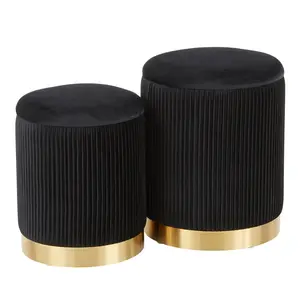 Marla Nesting Ottoman Set – Gold Metal & Black Velvet Pleated Design by LumiSource