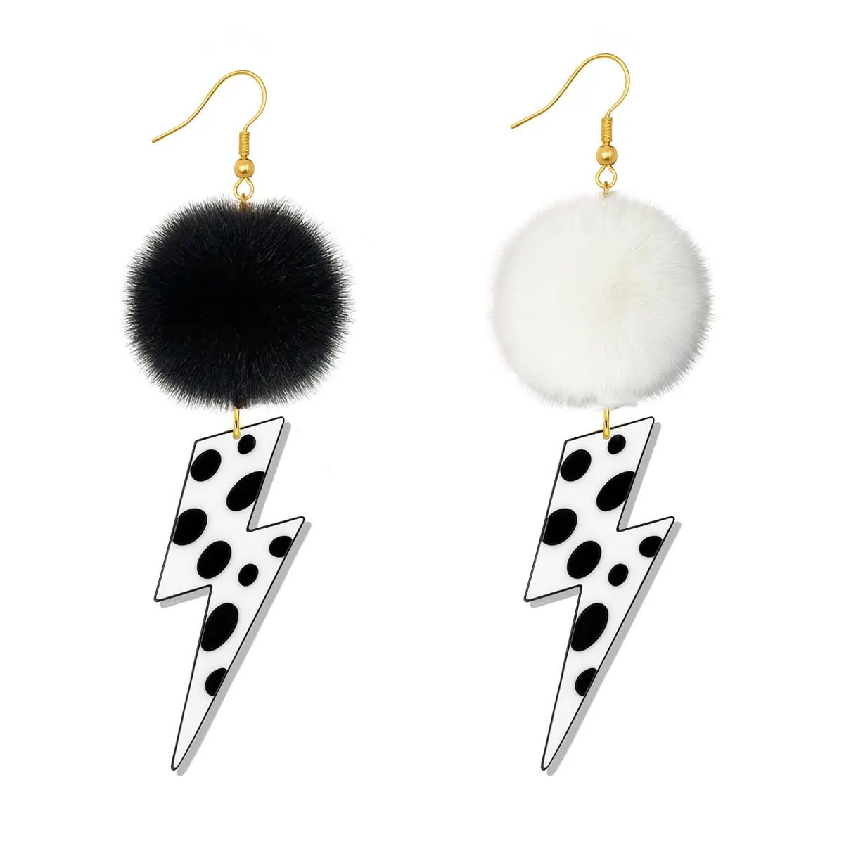 Women's Villain Theme Statement Drop Earrings - Spotted Print Fluffy Pom-poms, Dog Bone & Lightning Charms for Halloween Party, Role Play Cosplay, Plastic, Female, Fluffy Accents, Fashion, Animal, Photo-Ready