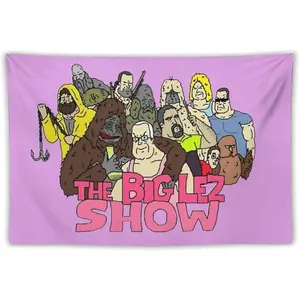 The Big Lez Show Tapestry - Sasquatch Wall Art Banner with Cartoon Characters & Pink Lettering, Lightweight Background, for Bedroom, Dorm, Home Decor, Art Prints Wall Hanging