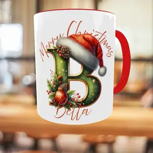 Custom Name Mug Personalized Name Mug Initial Mug Christmas Gift for Her with Festive Design and Red Handle