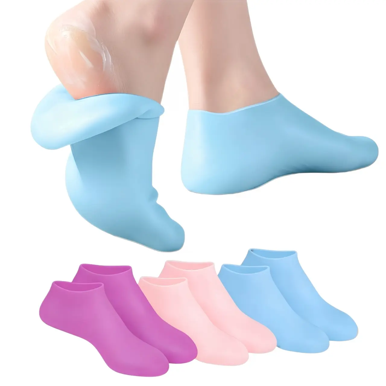 Lady's 3-Pair Silicone Moisturizing Gel Spa Sleep Socks Set - Women's Foot Care Aid for Dry Feet, Nighttime Anti-Callus Cream Application (Purple, Pink, Blue)