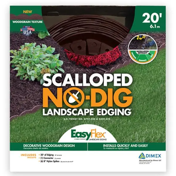 212 MAIN 20 in. Scalloped Decorative Landscape Edging Kit, 3-Pack Embossed Brown Recycled Plastic No-Dig Flexible Edge with Anchoring Spikes, Color Matched to Brown Wood & Rubber Mulch for All Soil Types, DIY Landscaping Projects, Easily Makes Curves, Fle
