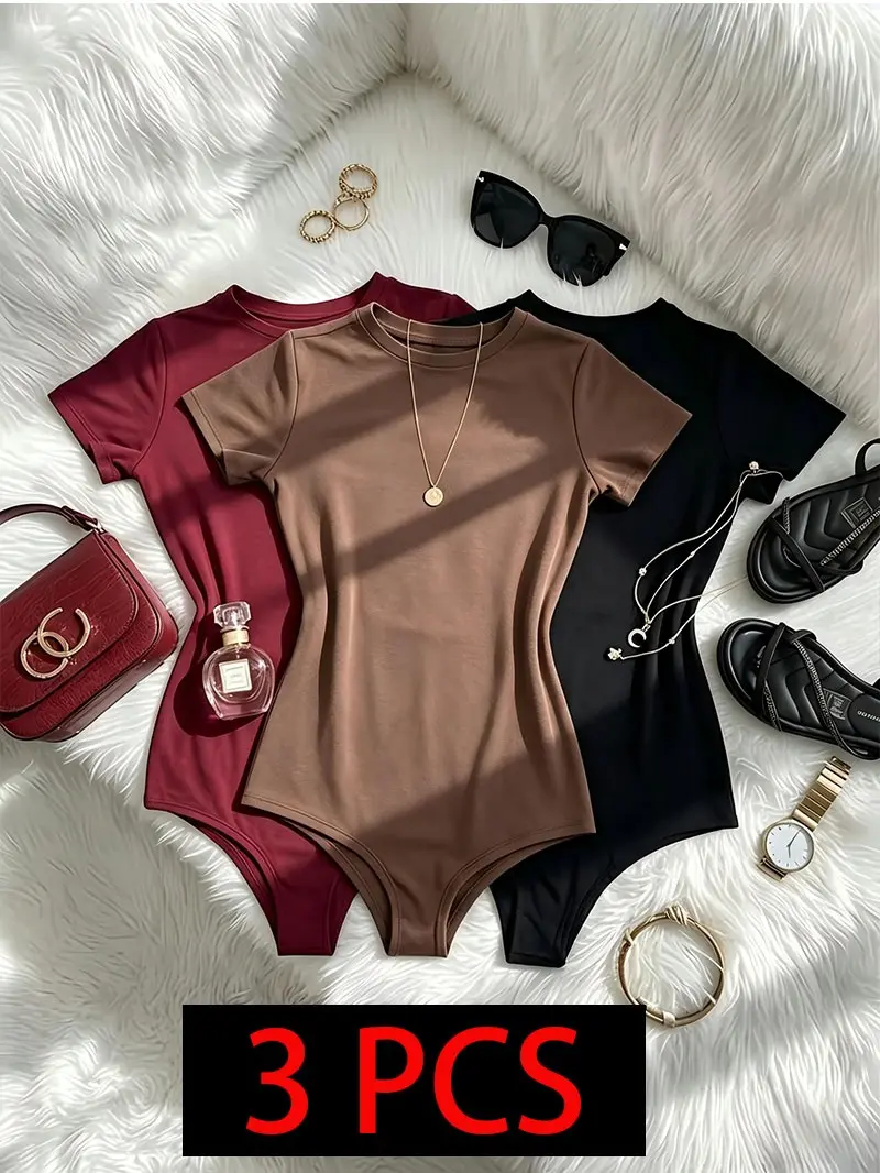 Women's Knit Lounge Set, 3-Piece Slim-Fitting Minimalist Outfit with Short Sleeve Crewneck Top, Cardigan and Shorts, Solid Polyester Clothes