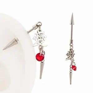 RanDomParty Unisex Garra "LOVE" Kanji Spike Earrings - Punk Rock Heart Dagger Chain-Based Dangle Earrings, Cyberpunk Alt Jewelry with Red Gemstone Accent for Bold Style Enthusiasts, Chain-Based Earrings, Cyberpunk Earrings