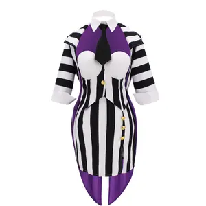 Women Betelgeuse Cosplay Costume Black White Vertical Striped Corset Skirt Jacket Set with Tie Halloween Outfits