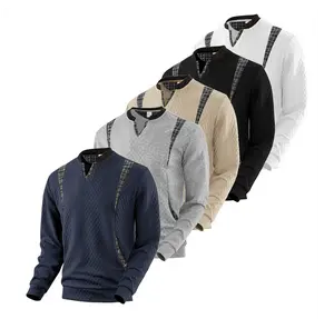 Men’s Textured V-Neck Pullover Sweater, Long-Sleeve Casual Knit Top with Shoulder Plaid Patchwork, 5-Color Option, Ideal for Autumn-Winter Layering