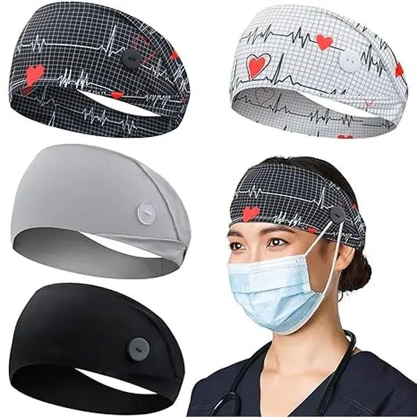 Headbands with Button for Mask, Wide Nurses Headbands Non Slip Elastic Ear Protection for Women Men Doctors Sweatband Headband (BUTTON- 4 PACK COLOR06)