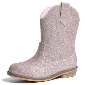 Girls' Pink Sparkly Pu Leather Vintage Embroidered High Heeled Insulated Western Boots for Little Cowgirls Fashion Comfortable Kids' Boots for Winter