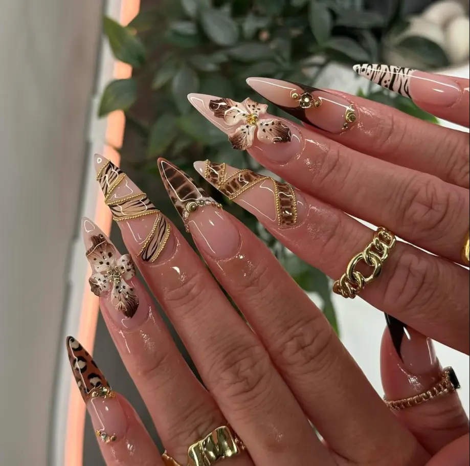 Luxury Glam Press On Nails, Nude Stiletto Nails , Leopard Details, Zebra French Tips, 3D Floral Nails Art, Gold Chain Details, Chocolate Brown French Design, Long Stiletto Shape