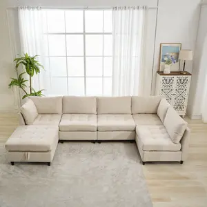 Modular Sectional Couch with Storage Ottoman，Convertible Modular Sofa Bed，6-Seat,Living Room，Chenille，Beige