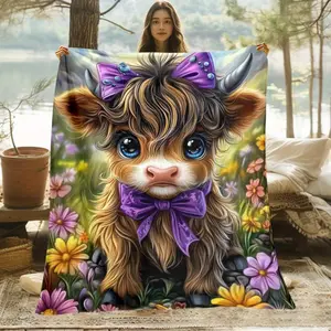 1pc Highland Cow with Purple Bow Floral Fleece Throw Blanket |     Lightweight, Soft, Warm Polyester, All-Season Digital Print Cozy Blanket for Sofa, Bed, Camping, Office, Chair - Cow Decor.
