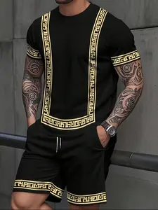 Men's short-sleeved crew neck tracksuit, featuring a short-sleeved T-shirt and drawstring shorts, with a 3D printed design. Casual summer wear.