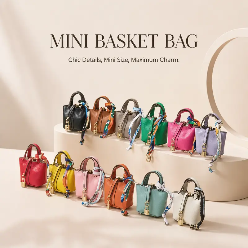 Mini Vegetable Basket Bag Pendant Keychain - Soft Leather Cute Basket Shape Charm with Colorful Strap Loop, Lightweight Car Keychain and Handbag Charm, Gift Idea for Friends & Family