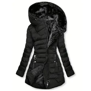 Zippered Hooded Down Jacket, Casual Long Sleeve Pocket Faux Lined Warm Winter Jacket, Women's