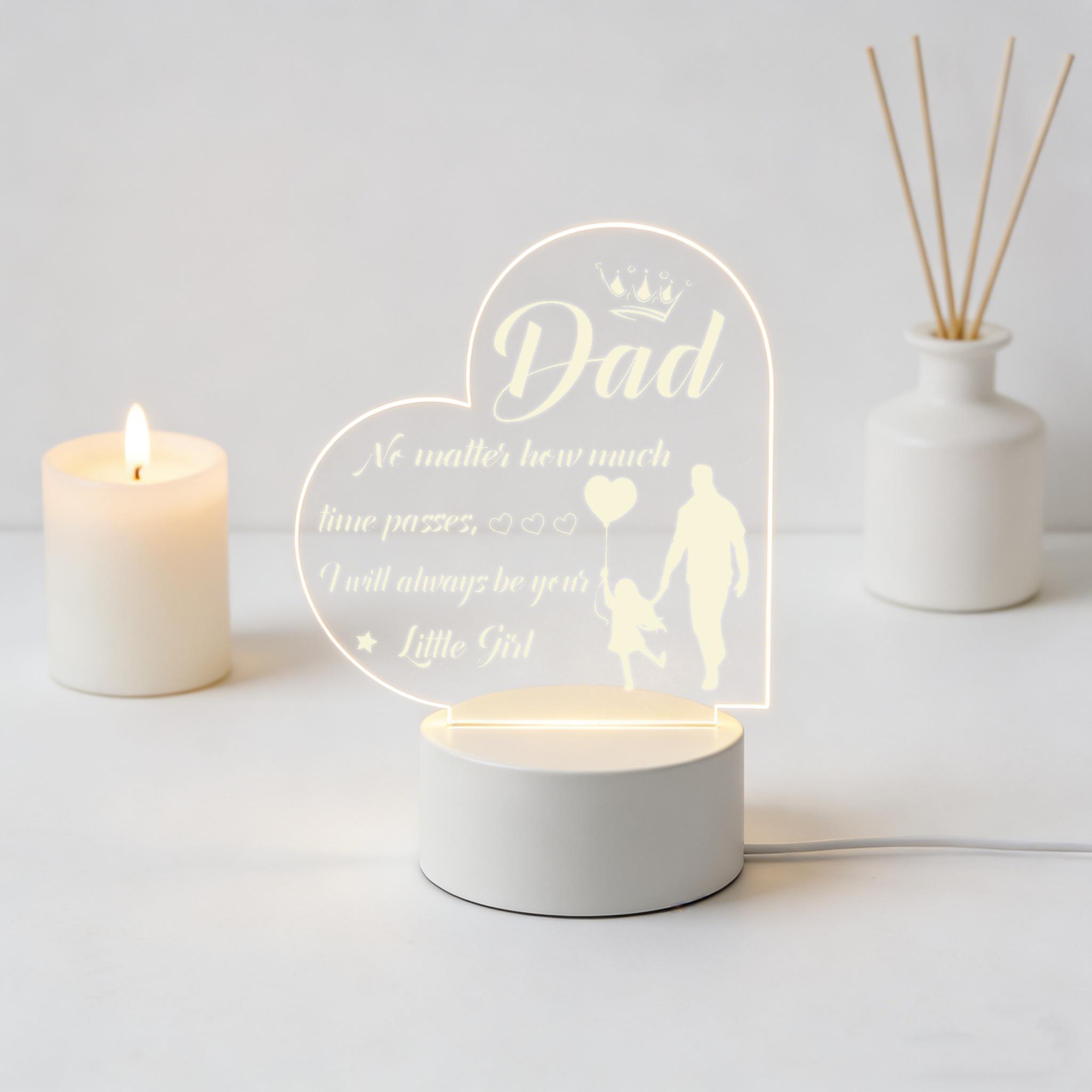 Dad Night Light, 2D Acrylic Heart Shaped Father & Daughter Lamp, Personalized Gift from Daughter to Dad, Warm White LED Desk Lamp, Father's Day Birthday Christmas Thanksgiving Gift for Dad, USB Powered Night Light