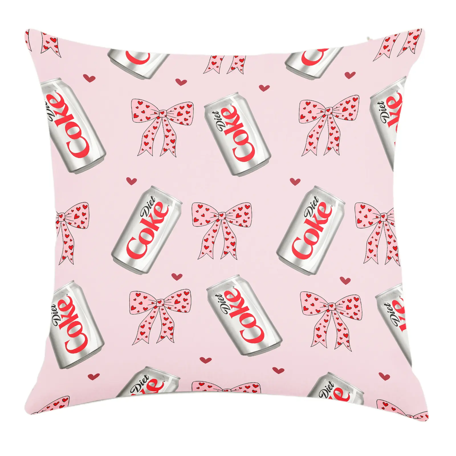 Diet Coke Pink Bows with Red Hearts Cover Throw Pillowcase Single-sided printing Linen Material ,no pillow insert,Bedroom Sofa Decorations.Gifts suitable for girls
