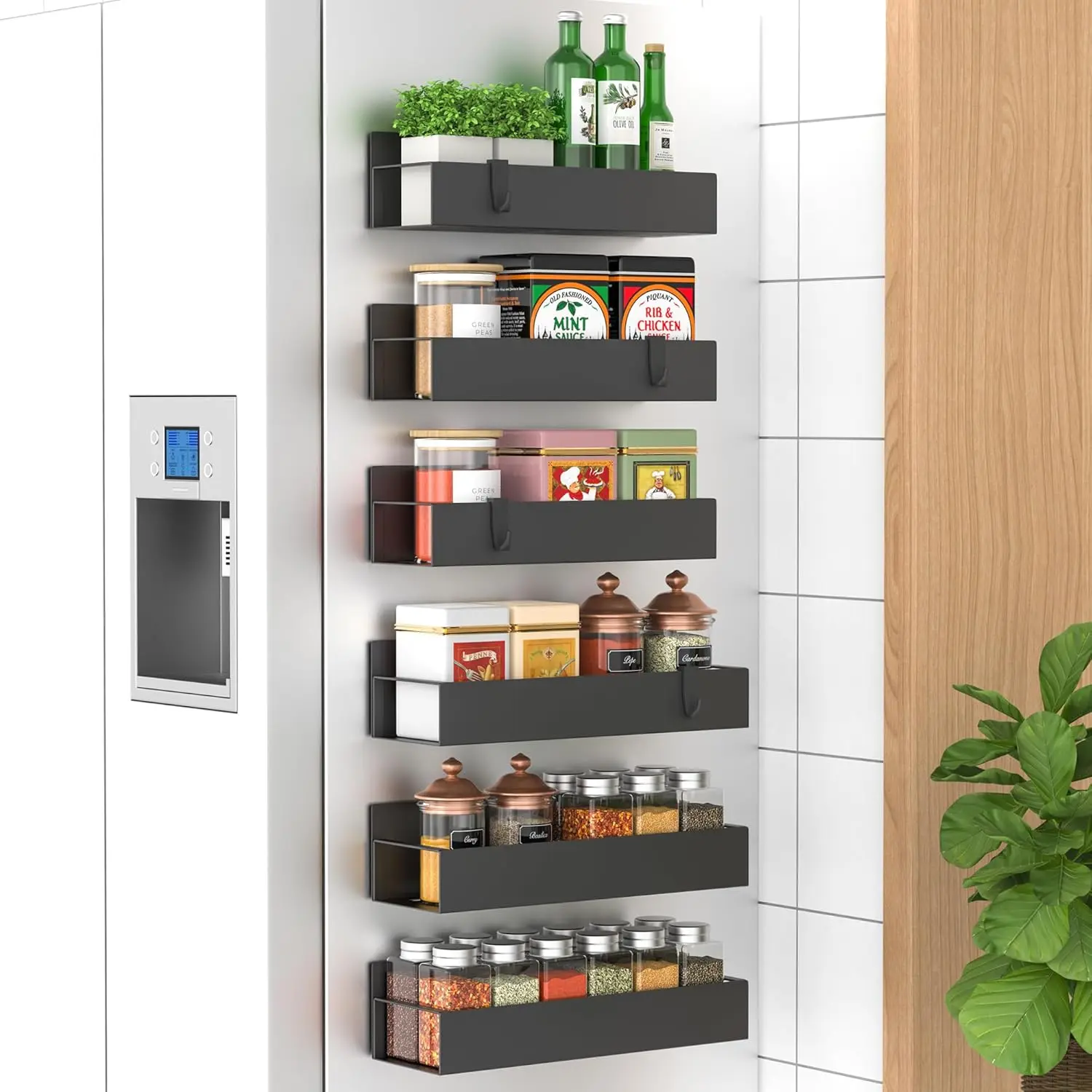 Metal / Plastic 6 Pack Magnetic Spice Storage Rack Organizer for Refrigerator and Oven, Black Fridge Organizers and Storage- Moveable Fridge Magnetic Spice Racks,Metal / Plastic Black