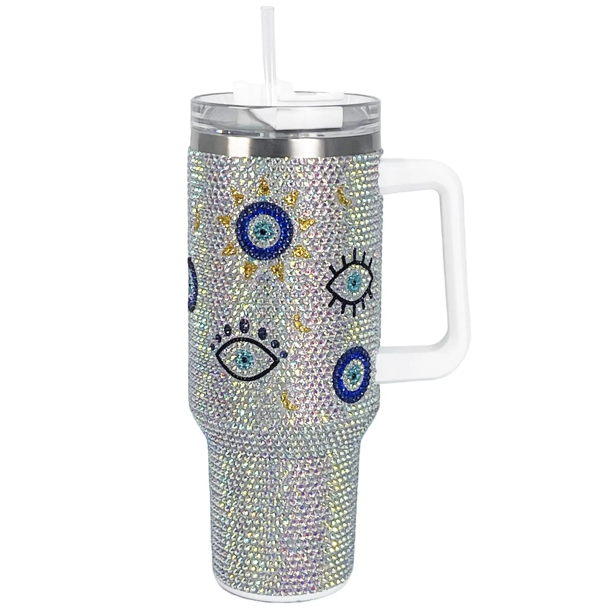 Cupcupmore 40 oz Mermaid Evil Eye Rhinestone Decor Stainless Steel Sippy Tumbler - Portable Insulated Cup, Glitter Vacuum Flask, Thermal Water Bottle with Straw, Lid & Handle, Car Cup Holder Compatible, Keeps Drinks Cold 12 Hrs