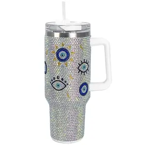 Cupcupmore 40 oz Mermaid Evil Eye Bling Rhinestone Stainless Steel Sippy Tumbler Glitter Vacuum Insulated Thermal Water Bottle with Straw & Lid &Handle,Sparkle Car Cup Holder,Keeps Cold 12 Hours Drinks,Coffee