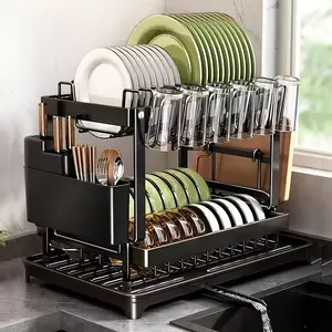 2-Tier Dish Drying Rack with Drain Tray, Large Capacity Kitchen Counter Organizer for Plates, Bowls, Cups and Utensils space-saving cocina