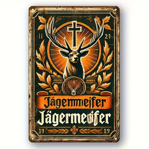 1PC 2D Flat Retro Jagermeister Metal Sign - Rustic Iron Wall Art with Cross and Basil Design, Classic Bar and Home Decoration, Humorous Garden Patio Plate, BBQ Station Accessories, Pool Party Gift, 20x 30cm , Suitable for Room or Party Decoration
