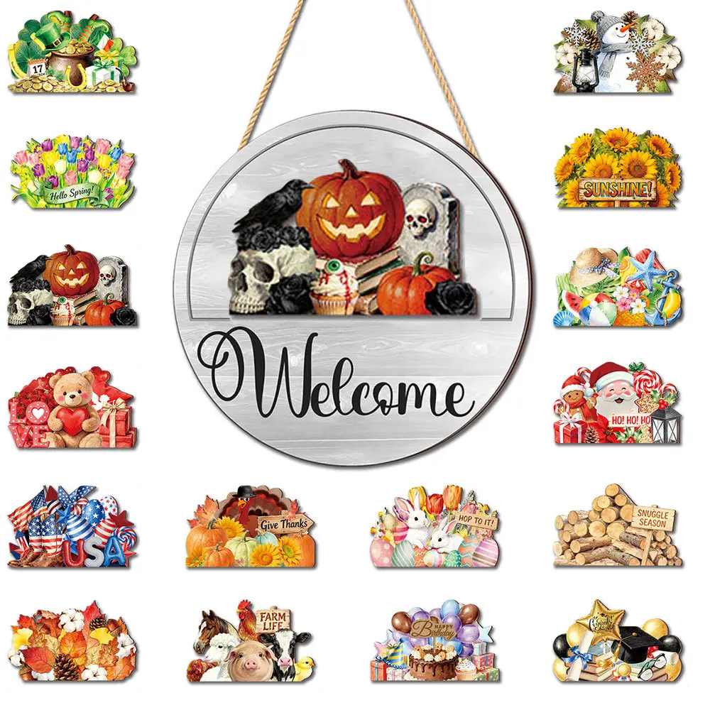 12 Inch Interchangeable Magnetic Welcome Sign | 16 Pcs Seasonal Changeable Inserts, Farmhouse Front Door Hanger, All‑Year Round Porch Yard Outdoor Decor for Holiday Birthday, Housewarming Home Office Gift