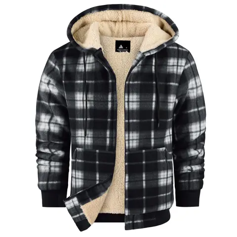 ZITY Men's Fitted Soft Polyester Thick Checked Fleece-Lined Zip-Up Hooded Jacket - Outdoor Non-Bulky Coral Coats for Chilly Days, Zipper-Closure Menswear Fabric Tops