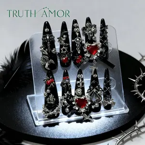TRUTH AMOR Dark Gothic Bedazzled Nail Kit | Black & Red Statement Press On Nails Set | All-In-One Nail Kit for Alt Girl & Festival Nail Supplies，nail kit，Bedazzled kit，nail kit set，PressOnNails