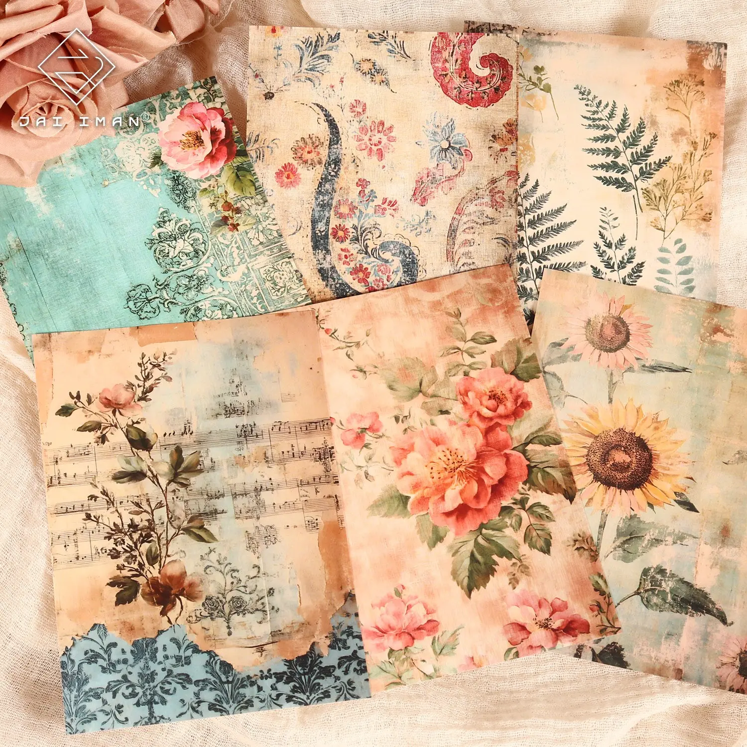 JAIIMAN 24sheets Non-repeating Patterns Bohemian Self-adhesive Junk Journal Collage Stickers, With Flowers, Plants, Sunflower Patterns, Matte Film Process, DIY Background Decals, for Scrapbooking Supplies, Collage Decoration, Clip Art, Journal Enthusiasts