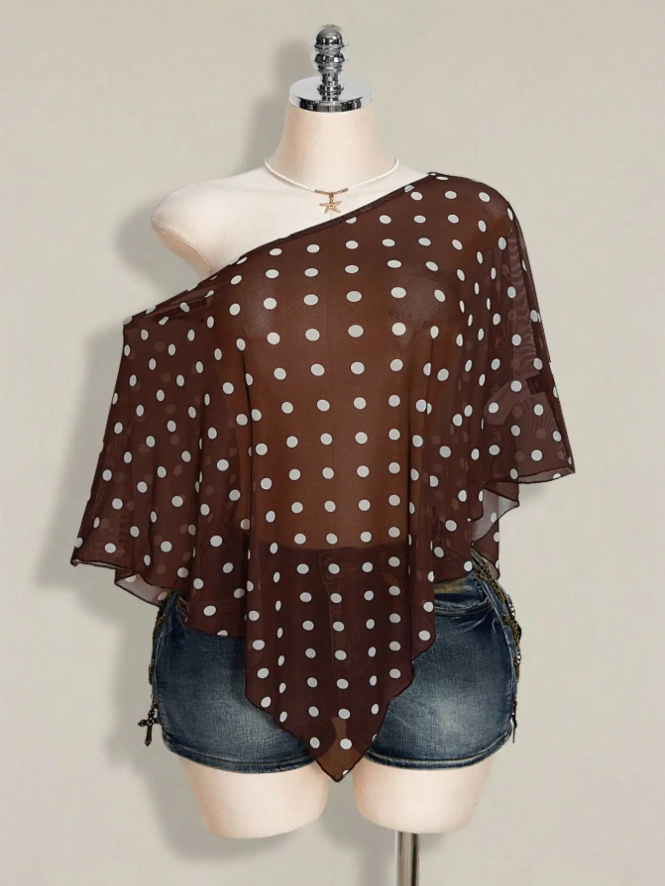 Plus Size American Vintage Polka Dot Off-Shoulder Chiffon Blouse Top, Lightweight Loose Fit Drop Shoulder Design, Micro Plus Girls Friendly Conceal Fat Model, Womenswear