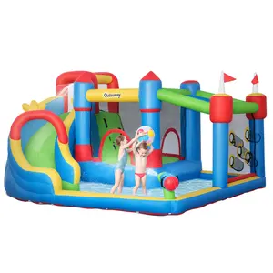 Outsunny 6-in-1 Inflatable Water Slide, Kids Water Park Castle Bounce House with Pool, Slide, Trampoline, Includes Carry Bag, without Air Blower