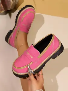 Patent Leather Chunky Loafers, Contrast Trim, Lug Sole Platform, Perfect for Preppy & Retro Style, All Seasons, Minimalist Design