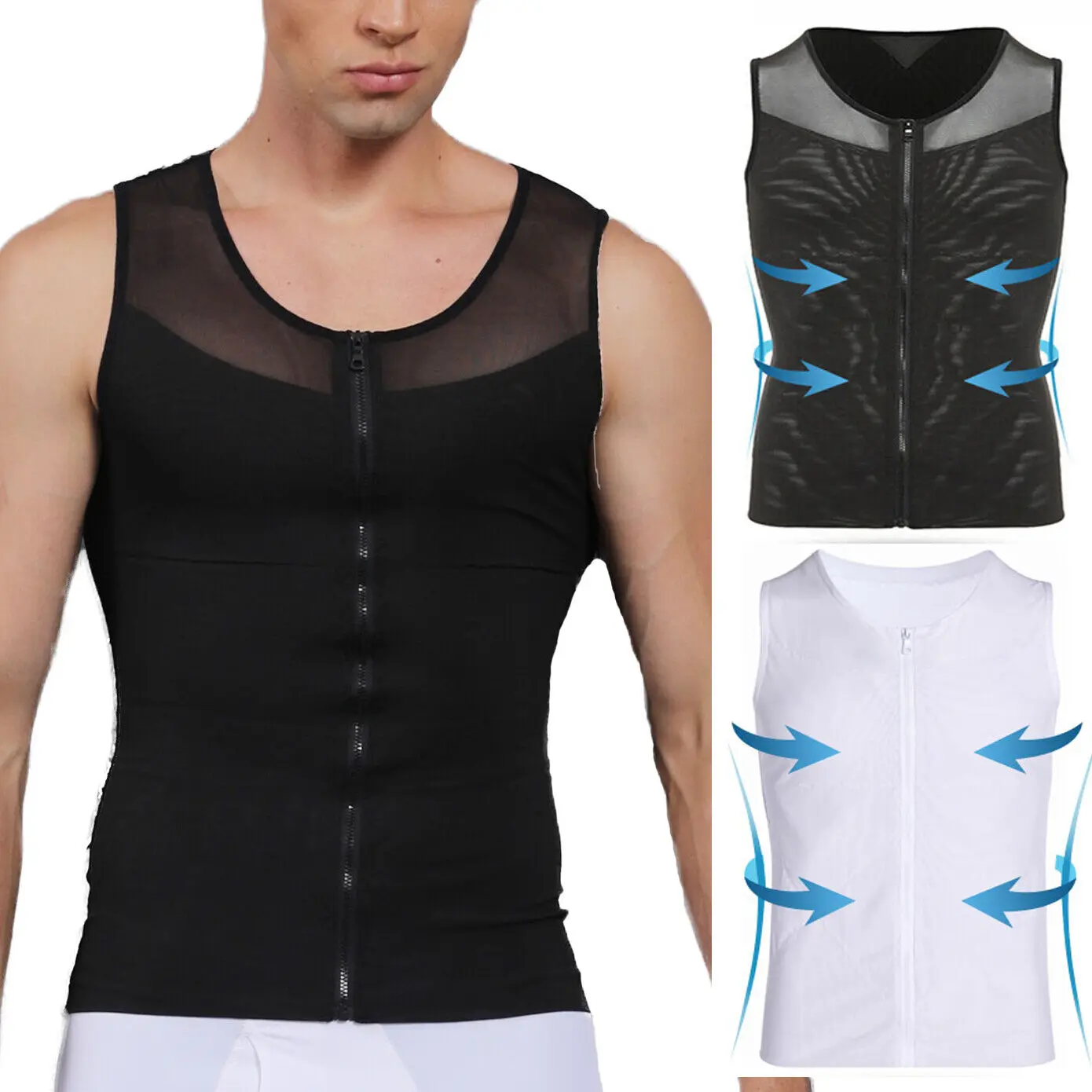 Men's Compression Shaper Vest - Breathable Polyester Sleeveless Round Neck Mesh Tank Top, Tummy Control Workout Underwear, Stretchy Menswear Shapewear