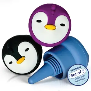 Penguin Silicone Wine Stoppers - Bottle Stopper for Wine, Vinegar, Oil & More - Reusable Silicone Glass Bottle Toppers - Leak Proof and Easy to Use (Set of 3, Black, Purple and Blue)